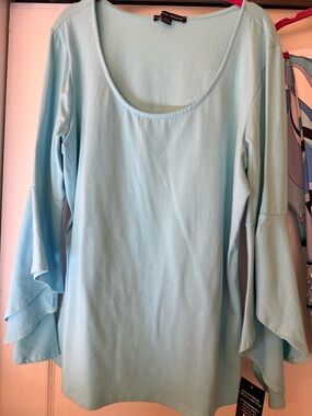 Boston Proper Light Blue Bell Sleeve Scoop Neck Women's Top